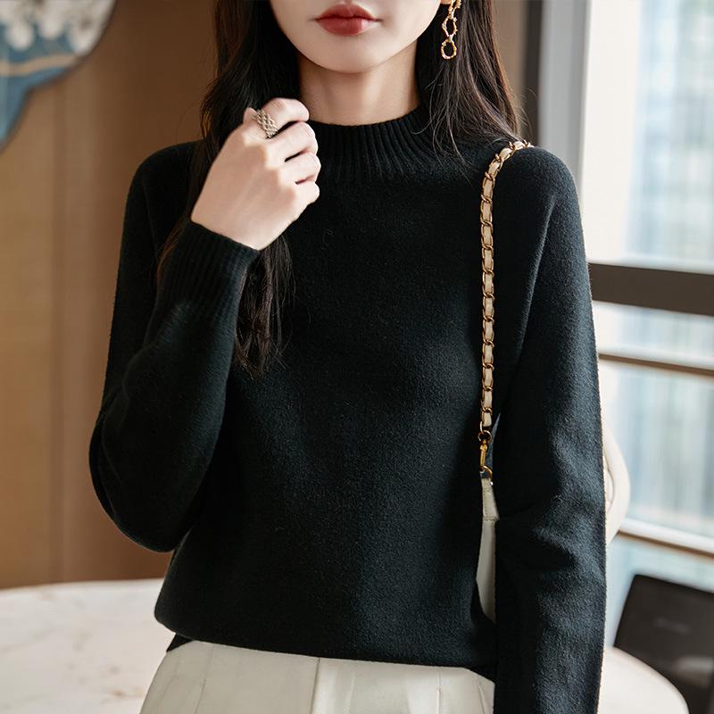 

Женский очень толстый бесшовный вязаный свитер - Цельный, с полувысоким воротником, длинным рукавом, свободного кроя, облегающий базовый слой, дизайн 2025 Double Extra Large чёрный