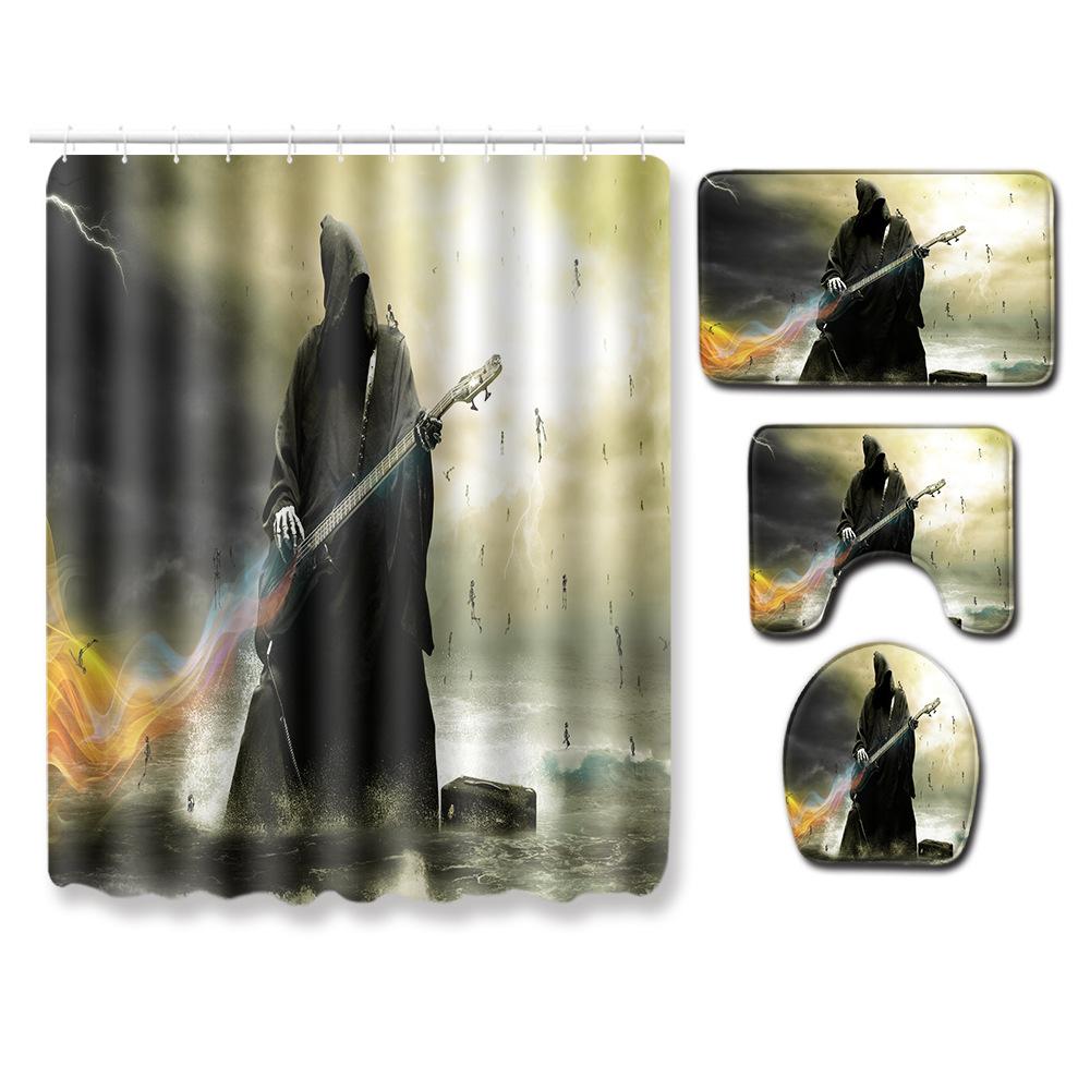 Skull Shower Curtain Floor Mat Combination Four-Piece Set Bathroom Toilet Carpet Shower Room Mat Foot Mat