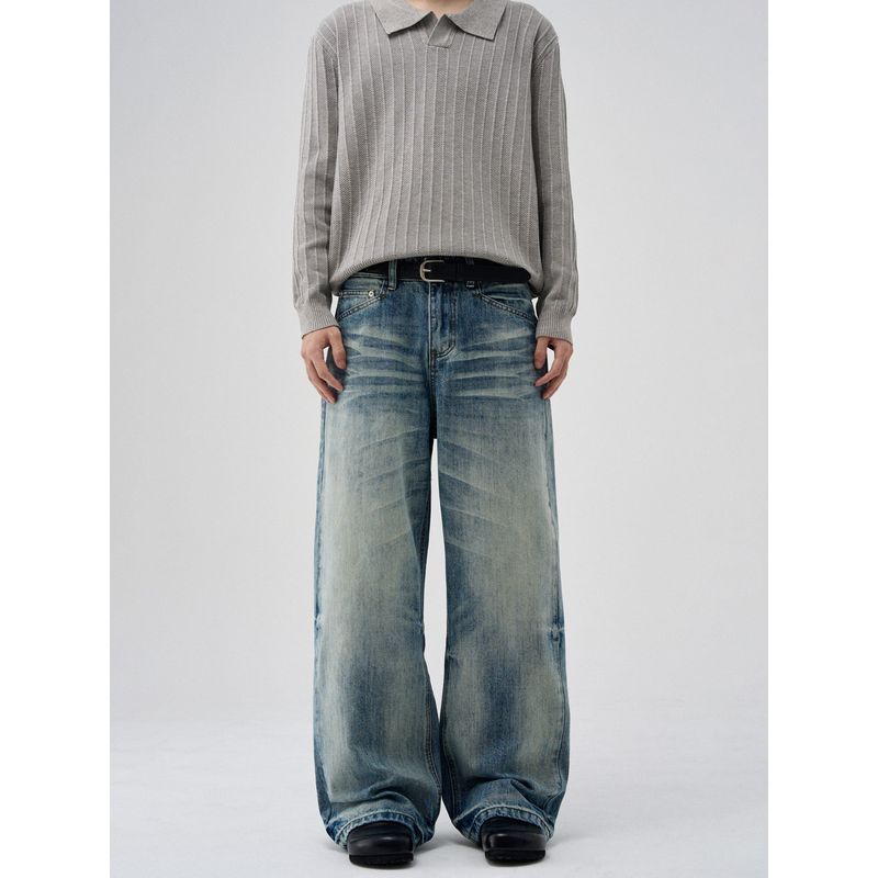 Kisko American High Street Washed Whiskered Cleanfit Straight-Leg Jeans Unisex Trendy Brand Cool Vibe Pants