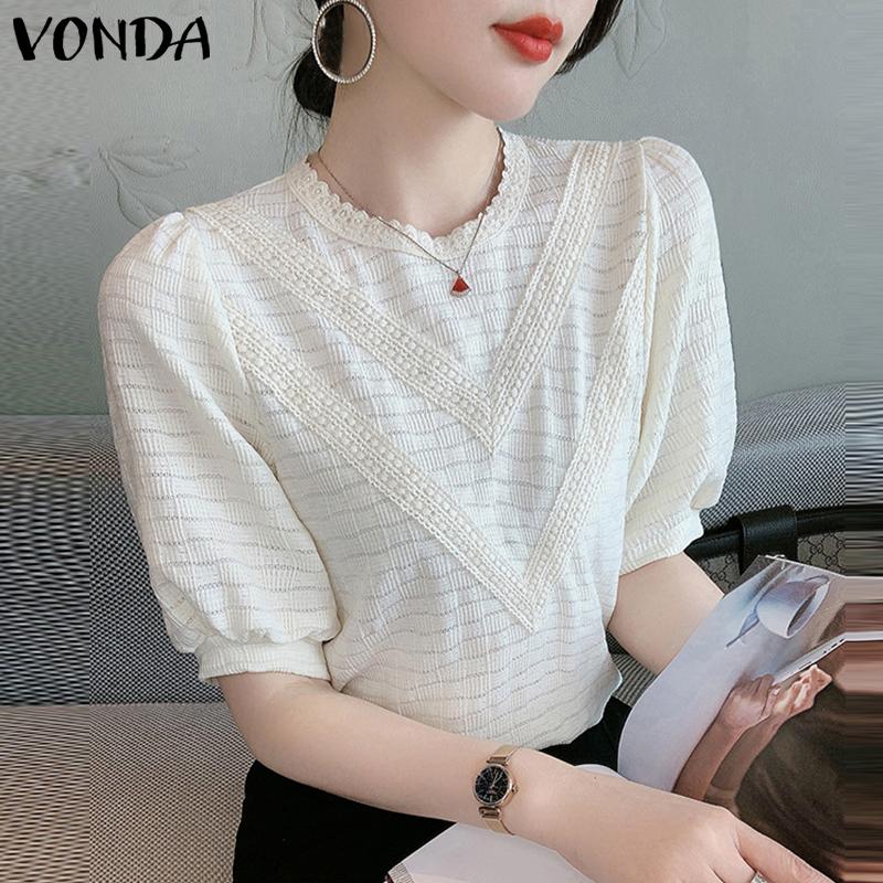 

VONDA Женская пышная кружевная блузка с коротким рукавом и элегантной блузкой крючком