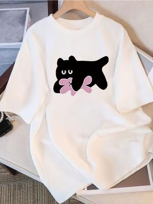 Womens Cotton Oversized Cartoon Cat Print TShirt Round Neck Short Sleeve Casual Top Comfortable Shirt for All Seasons