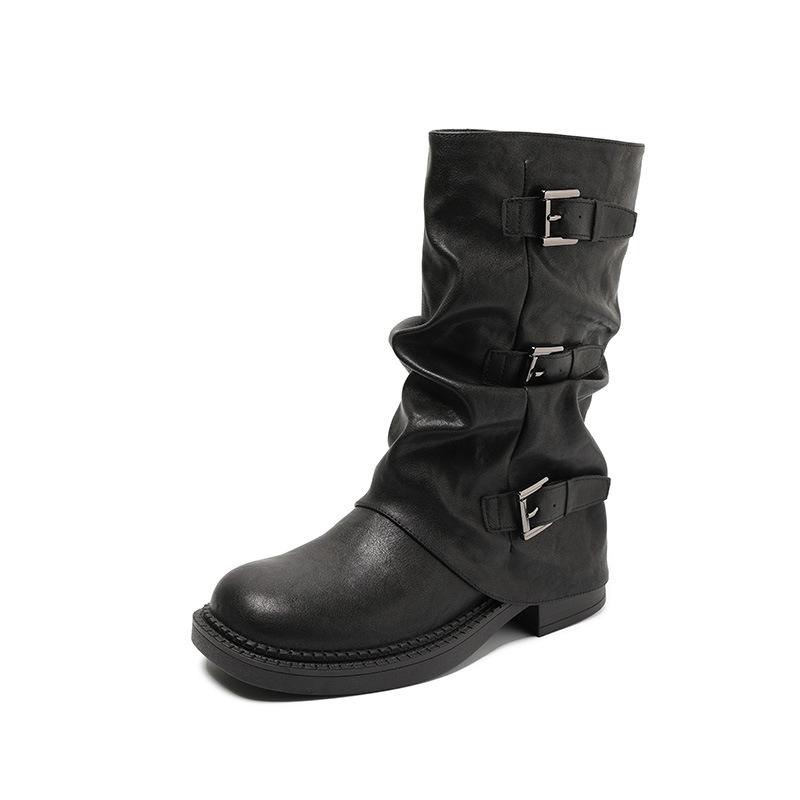 Thick-soled Belt Buckle Knight Boots Children 2025 New Versatile Mopping Boots Pleated Stacking Boots Medium and Long Tube Pants Tube Boots