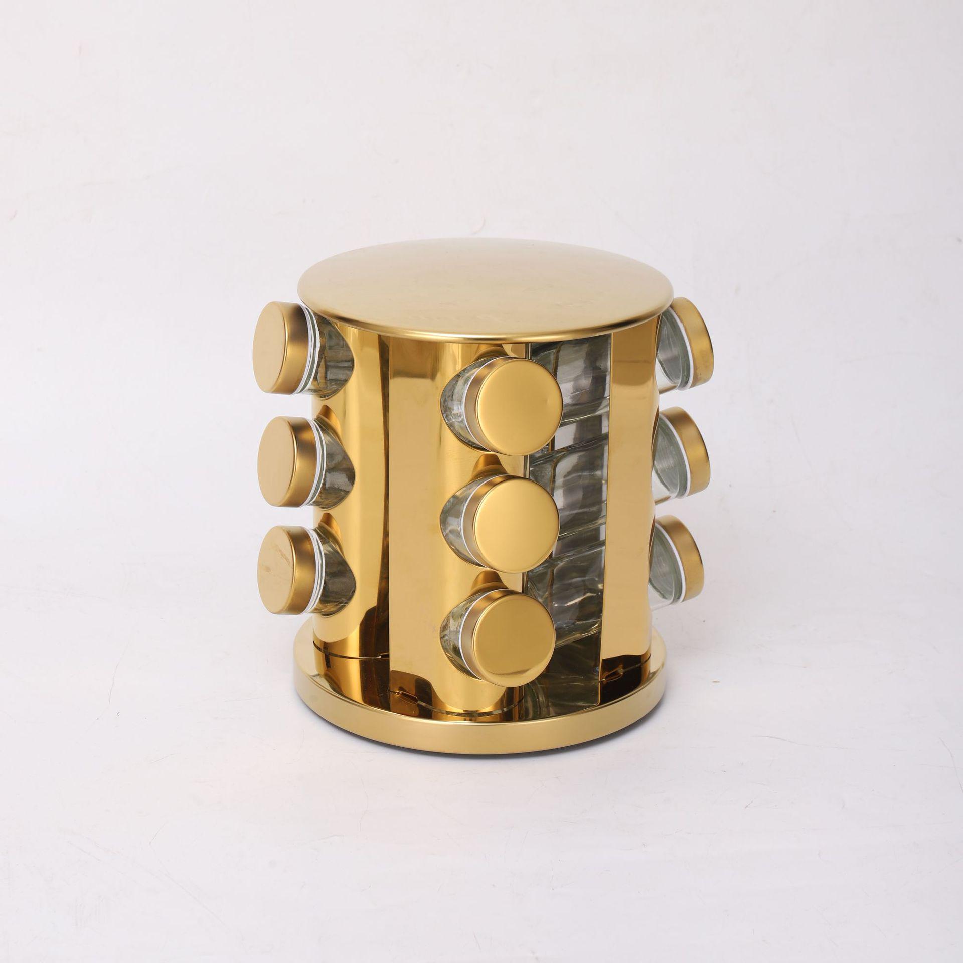 Gold Stainless Steel Rotating Spice Rack Set with Pepper Bottles Round Gold