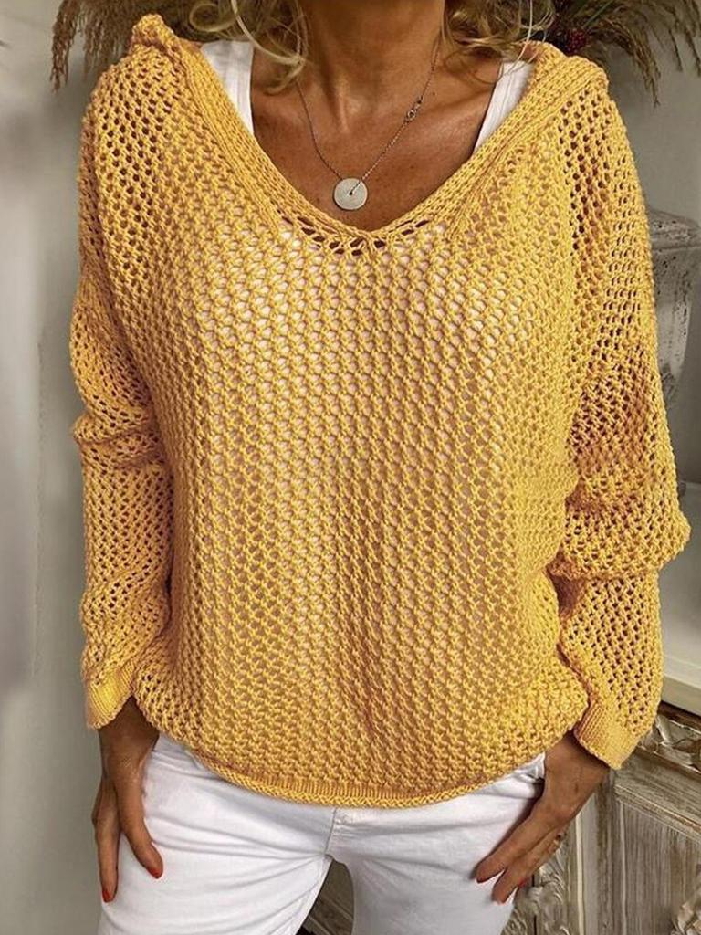 Women's Light Gray Hooded Knitted Sweater with Hollow Weave V Neck, Multiple Colors