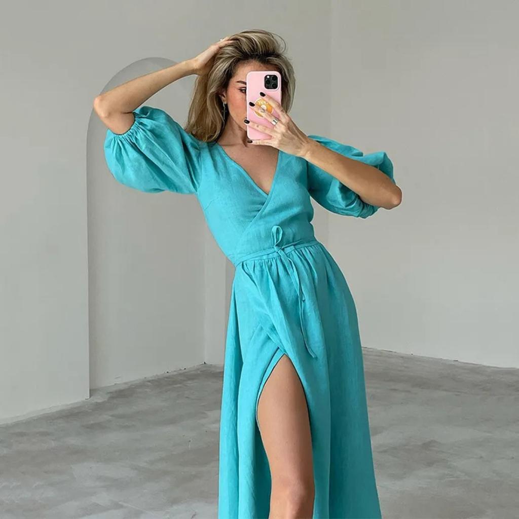 Spring Summer New Solid Color Sexy Slit Puff Sleeve Tie Waist Elegant Dress For Women European American Style