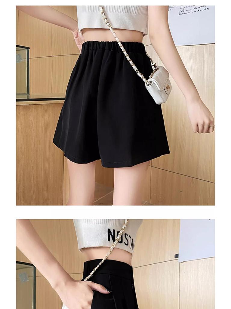 Women's High-Waist Black Casual Summer Shorts, Petite A-Line Wide-Leg Design, 2024 Collection.