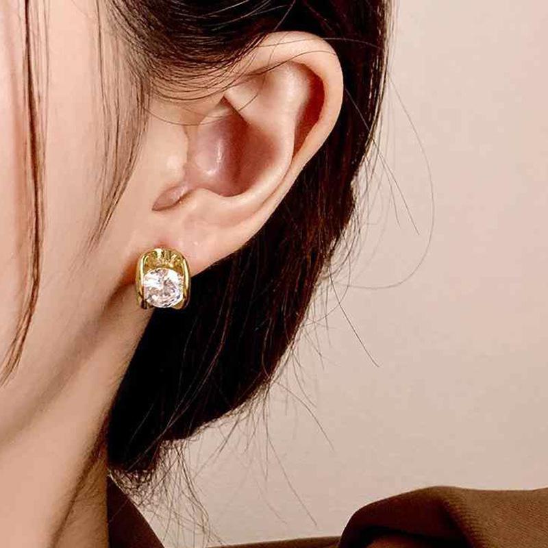 Elegant Gold-Plated Oval Stud Earrings with Zircon