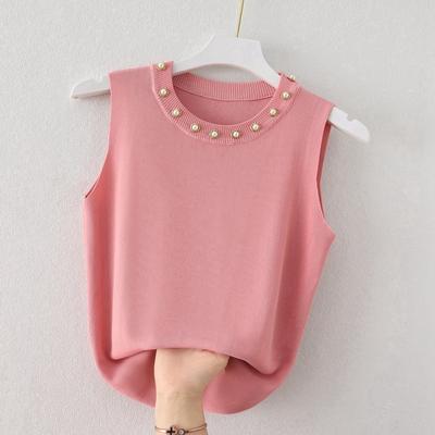 Summer Sleeveless Elegant Casual Tank Tops Women Beading Round Neck White Knit Tanks Vest Women Fashion Solid Slim Fit Office Ladies Tank Camis 26234