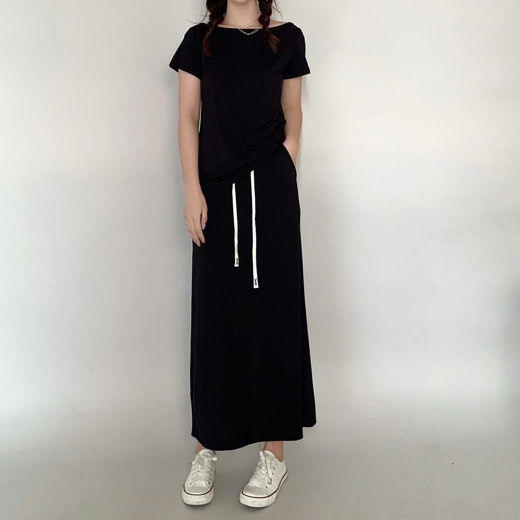 Modal A-Line Drawstring Skirt with Pockets Women Loose-fitting Long Skirts Solid Color Outwear High Waist Maxi Skirt