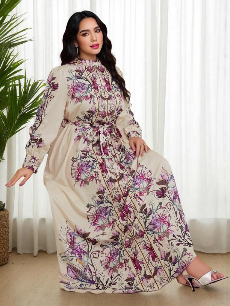 Dubai-Inspired Islamic Floral Lantern Sleeve Dress with Stand Collar