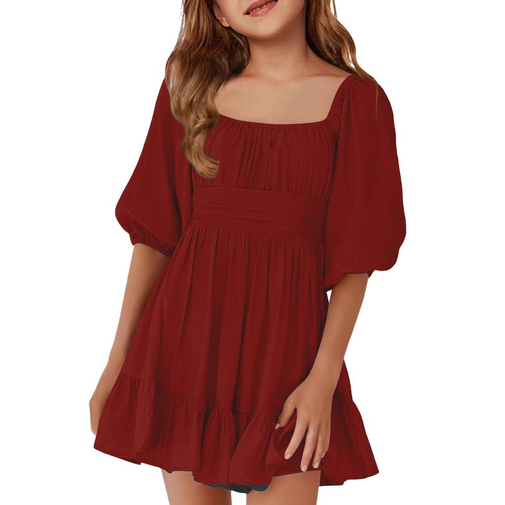 Children's Casual Bubble-Sleeve Backless Waist-Tied Bow-Pleated Dress