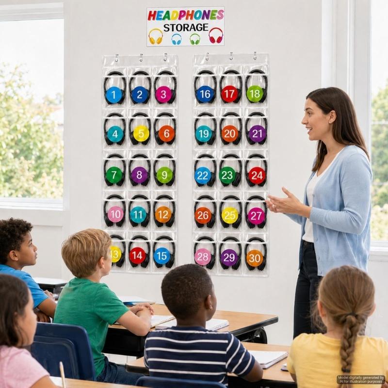 Clear Pocket Wall Storage Set of 2, Hanging Polyester Holder with 15 Front Pockets on Each Panel for Classroom Supplies, Phones and Daily Items
