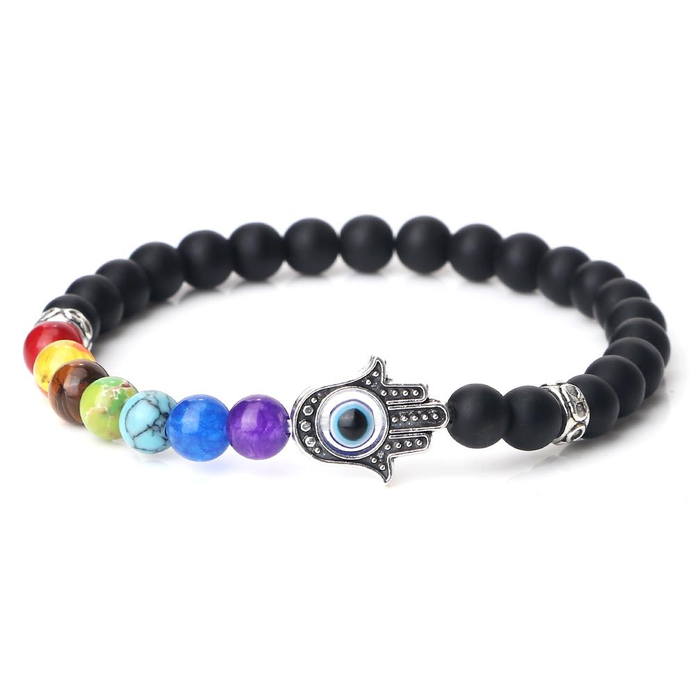 6mm 7 Chakra Beads Bracelets Lucky Evil Eye Hand Of Fatima Women Men Natural Lava Stone Agates Bracelet & Bangle Prayer Jewelry