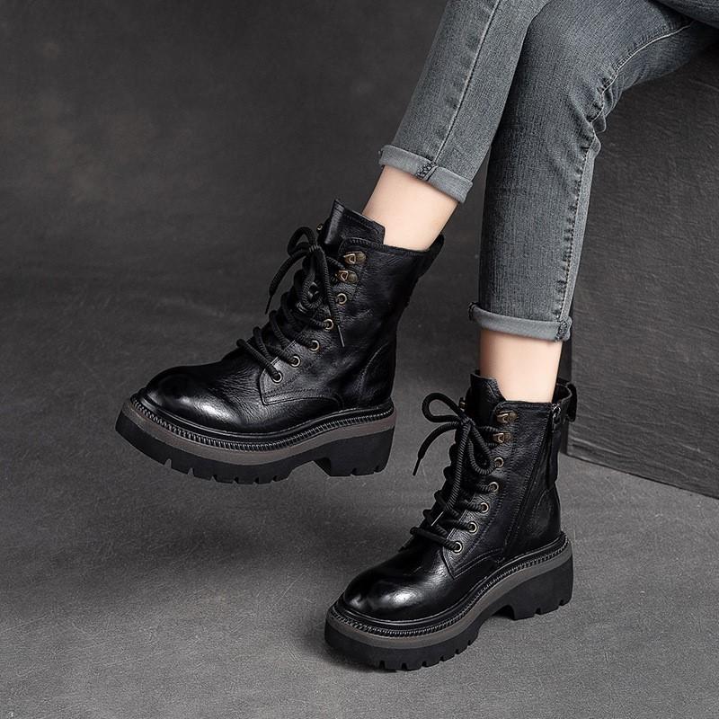 Johnature Thick Sole Vintage Boots Side Zipper Genuine Leather Short Boots Fashion Versatile Women Shoes