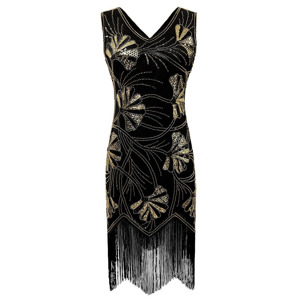 V Neck Dress Roaring 20s Great Gatsby Dress for Women 1920s Dress Evening Gown Cocktail Party Dresses Women's Sequin Bead Fringed Hem Flapper Dress