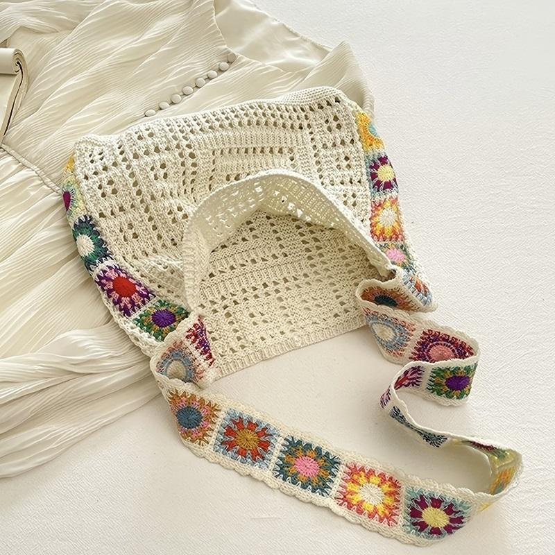 Women's Boho Crochet Bag Designer Flowers Knitted Handbags Large Capacity Summer Beach Woven Shoulder Bag Girls Tote Shopper Bag