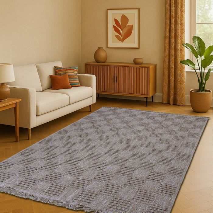Tapis damier aspect jute salon beige 120x160