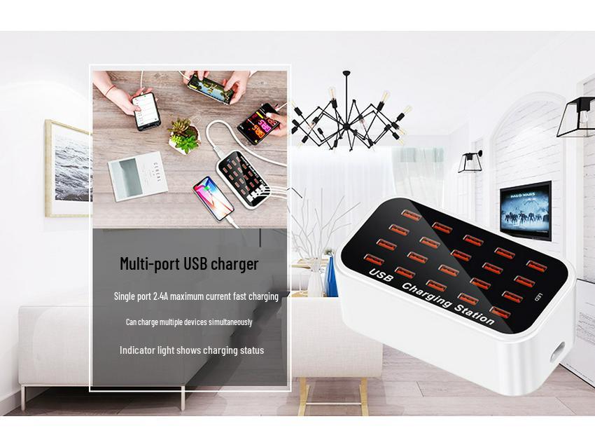 20-Port USB Fast Charger 100W Desktop Power Strip