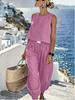 Women's Fashionable Casual Linen -Neck Top And Wide-Leg Pants Two-Piece Set