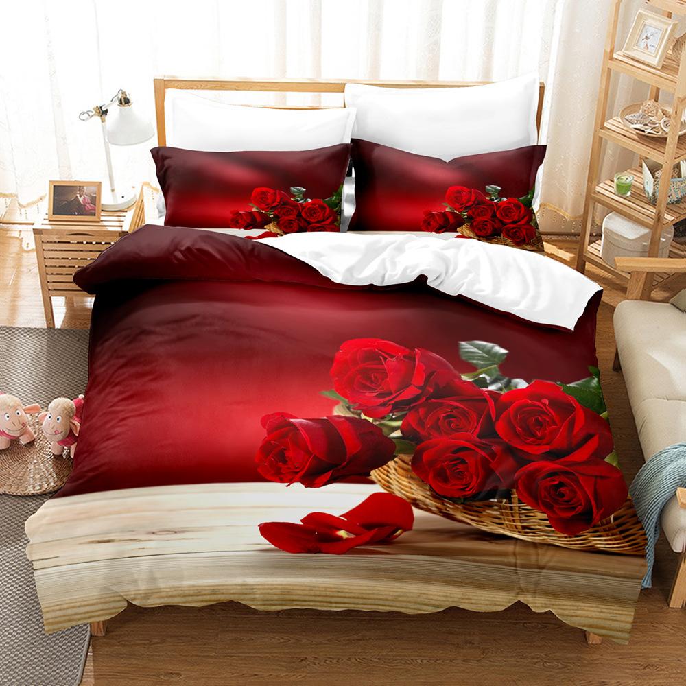 3D Digital Printing Three-Piece Quilt Cover Pillowcase Bed Sheet Quilt Cover Rose Bedding
