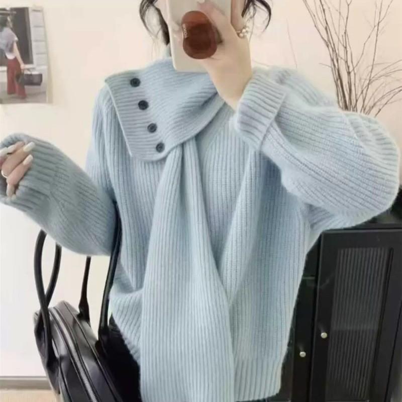 Korean-Style 2026 New Arrival Detachable Scarf V-Neck Sweater for Women Autumn Winter Lazy Chic Knit Top free size синий