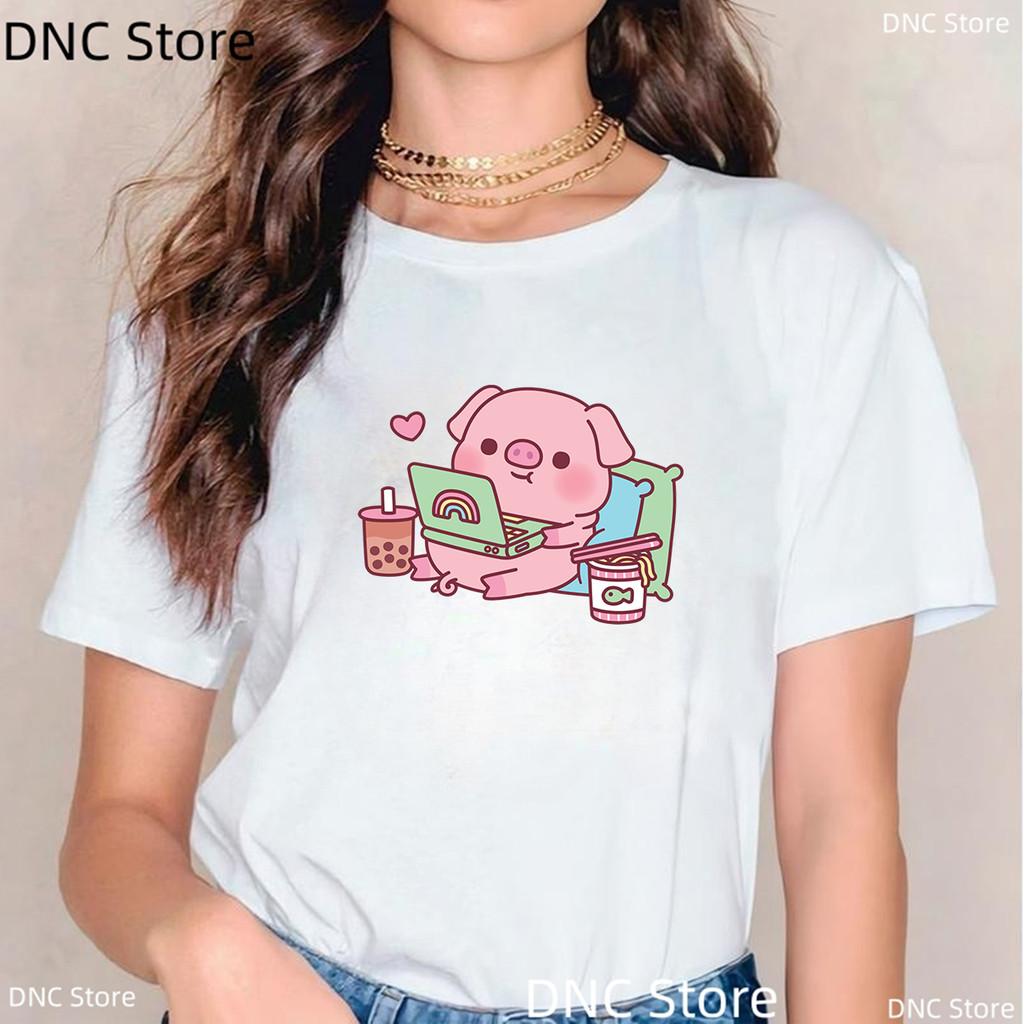 New Pink Pig Boba Tea Printed T Shirt Women Cartoon Animal T-shirt Casual Tops Bubble Tea Female Short Sleeve Streetwear Tshirt