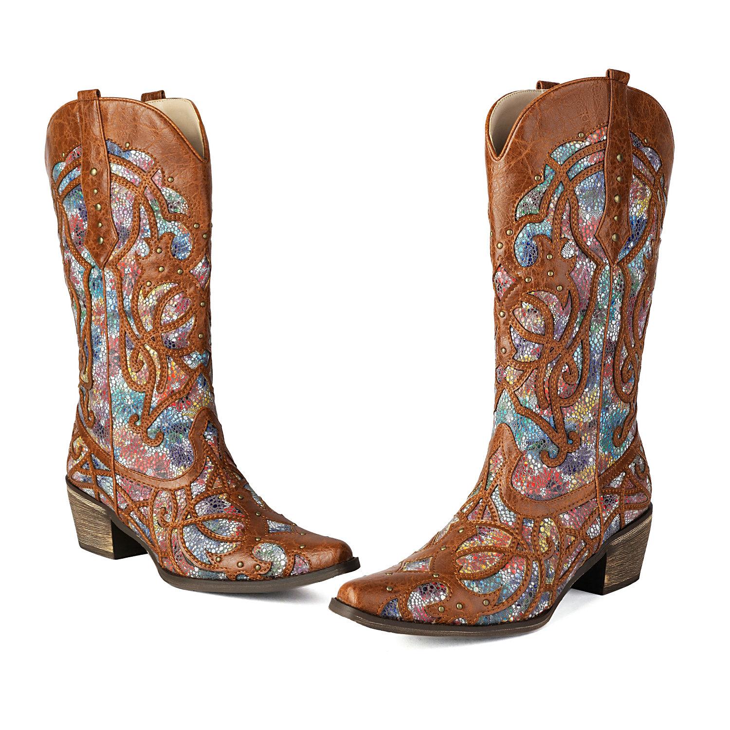 

Cowboy Retro Western Boots Women s Hollow Out Mid Calf Boots Cowgirls Handmade Sewing Rivets Decor Heels Shoes 37 коричневый