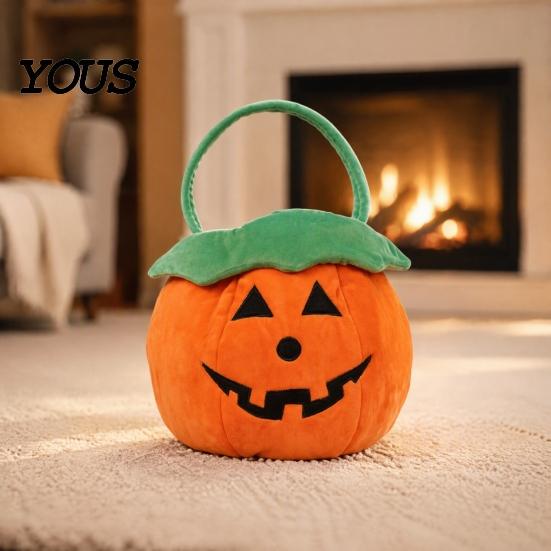 Portable Candy Container for Halloween Pumpkin Plush Tote Bucket, Cute Trick-or-Treat Bag, Trick or Treat Bucket Basket with Handle Kids Girls