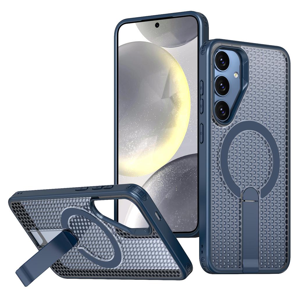 For Samsung Galaxy S25+ Magnetic Case Kickstand Grid Texture TPU PC Phone Back Cover