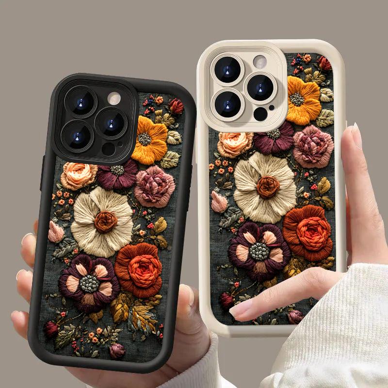Retro Embroidery-Look Floral Print Phone Case Phone Case For iPhone 17 16 15 Pro Max 14 13 12 11 XS X XR 7 8 Plus 16E Air Cover