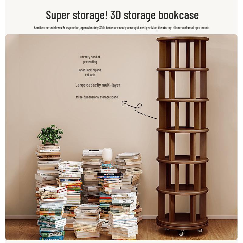 Solid Wood Rotating Multilayer Bookshelf for Kids - Against-the-Wall Storage Shelves for Living Room