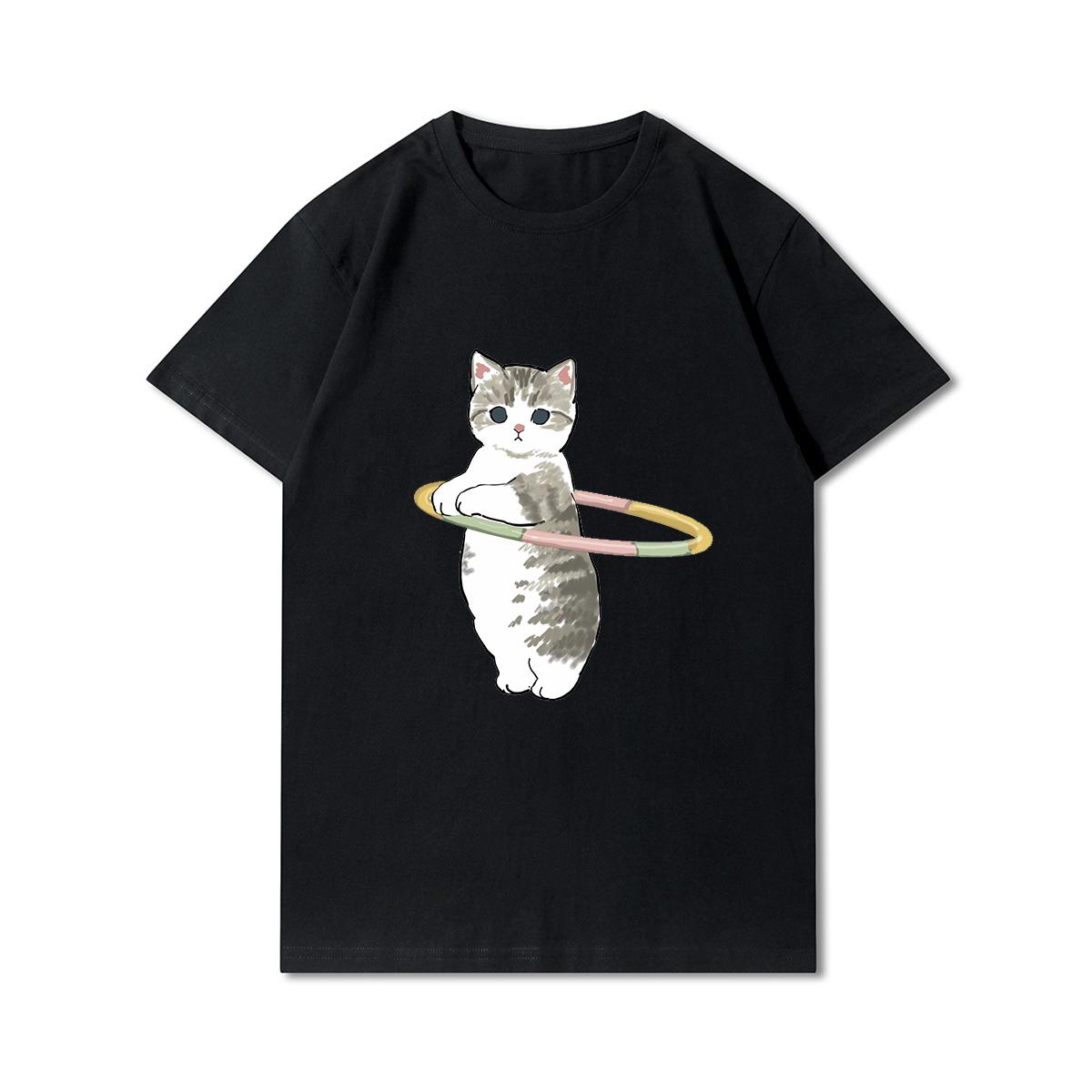 

Женские футболки с принтом кошек и акул больших размеров, хлопковые топы с круглым вырезом, летние черные футболки с животными Y2K, модные 90-х годов, повседневные черные футболки оверсайз S