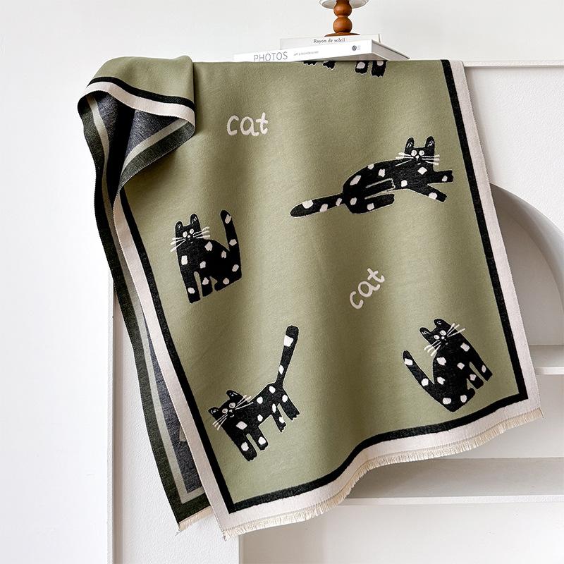 Winter Imitation Cashmere Scarf Women'S Double-Sided Cartoon Cat Shawl Warm Long Sweet And Cute Fringed Dual-Purpose Scarf