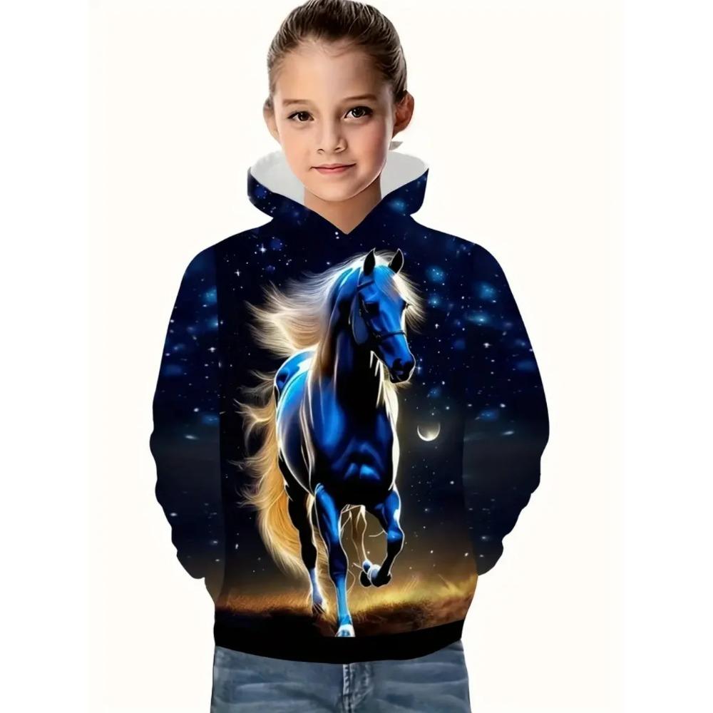 Autumn 3D Horse Printed Hoodies Fashionable Casual Sports Cool Long Sleeved Children's Girl Hooded Sweatshirts