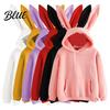 Women Winter Hoodie Fall Bunny Ear Decor Solid Color Loose Long Sleeve Autumn Elastic Cuff Drawstring Hooded Soft Warm Casual Lady Top Thick Fleece