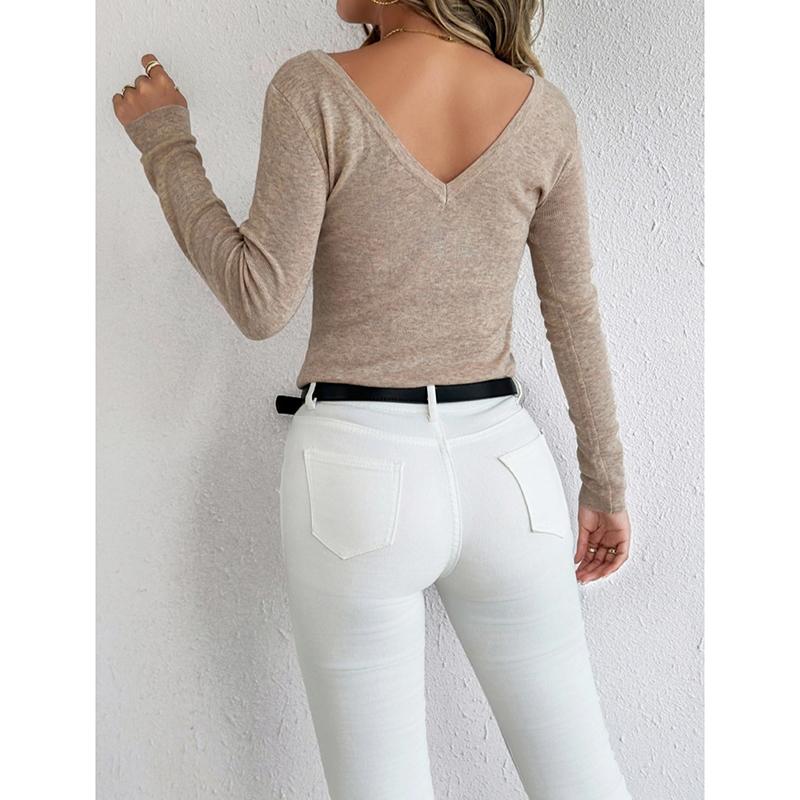 New Reversible V-Neck Long Sleeve Knitted Top Solid Color Round Neck Wool Blend Pullover Sweater Base Shirt