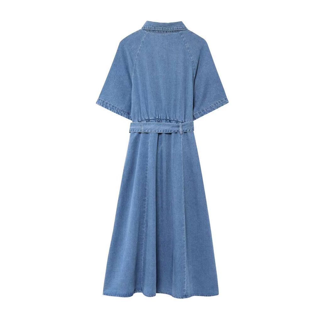 Spring 2025 Retro Lapel Slim-Fit Denim Dress with Belt - European & American Style Women's Short-Sleeve