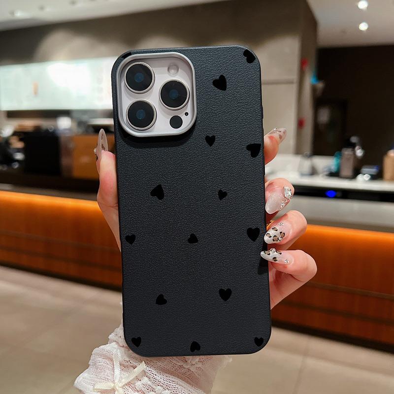 Leather Texture Black Love Hearts Pattern Phone Case for iPhone 16 15 Pro 14 Plus 13 12 11 Pro Max Xs Xr 8 7 Plus Shockproof Soft Tpu Slim Cover