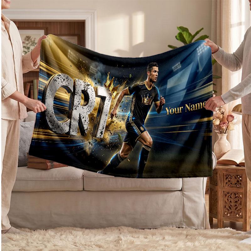 Coperta Personalizzata in Pile Cristiano Ronaldo con Logo Calcio, Testo Nome Personalizzato Morbida Calda Coperta da Divano per la Casa