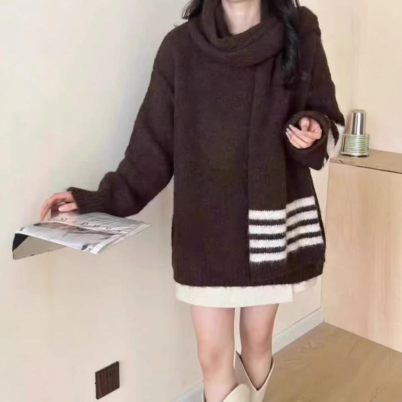 Autumn and Winter New Pullover Knitted Sweater Women's Retro Scarf Two-piece Set Loose Casual Knitted Sweater Women