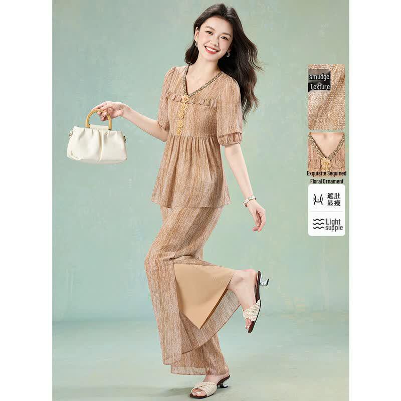 Melanie Summer Beaded Sequin Pleated Chiffon Two-Piece Set 2XL