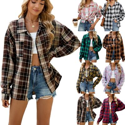 Jesień Zima Grube Długie Koszule Klapy Długi Rękaw Kieszeń Guzik Kratka Koszula Casual Kraciasta Bluzka Kurtka Top dla Kobiet