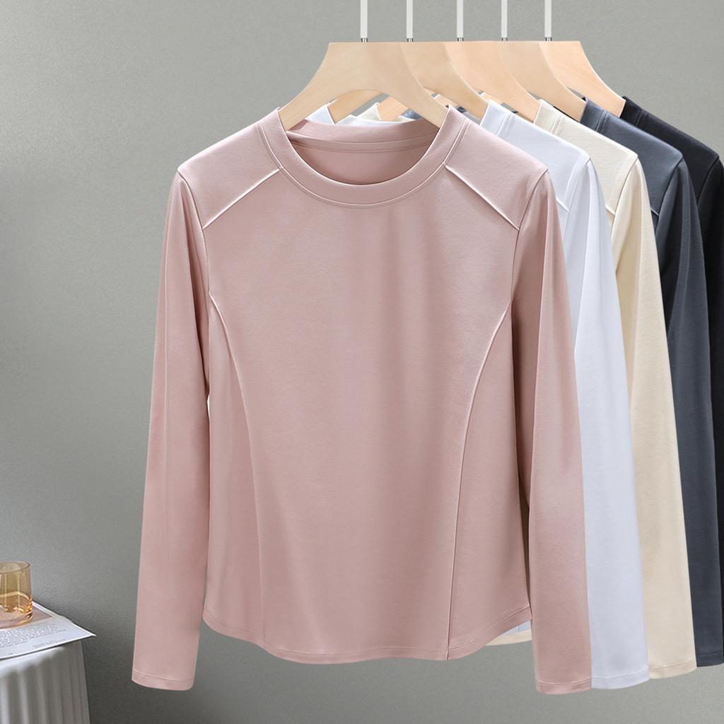 Rundhals mercerisierte Baumwolle langärmlig Damen Herbst neu Bogen Saum mit unterer Taille Slim Top