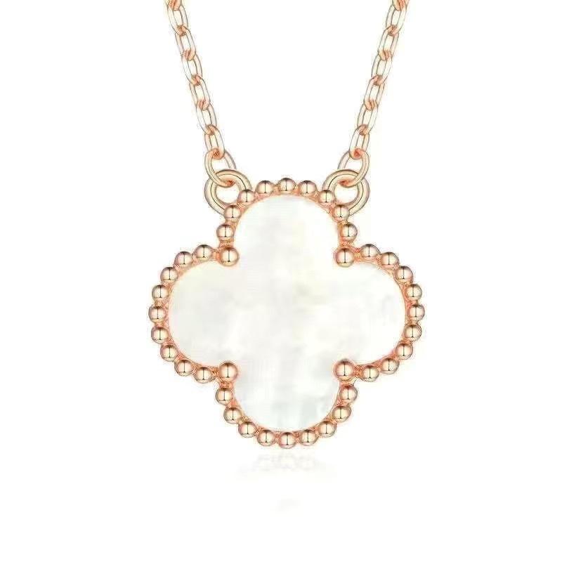 18K Gold-Plated V Design Four-Leaf Clover Necklace with Rose Red Chalcedony, Agate, and White Shell Pendant