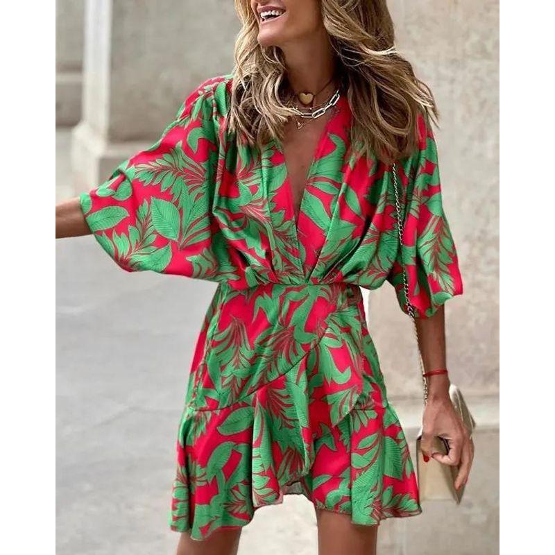 

European and American Bat Sleeve V-neck Hem Irregular Dress Women Printedv-Neck Irregular Dress Green flowers with red background S