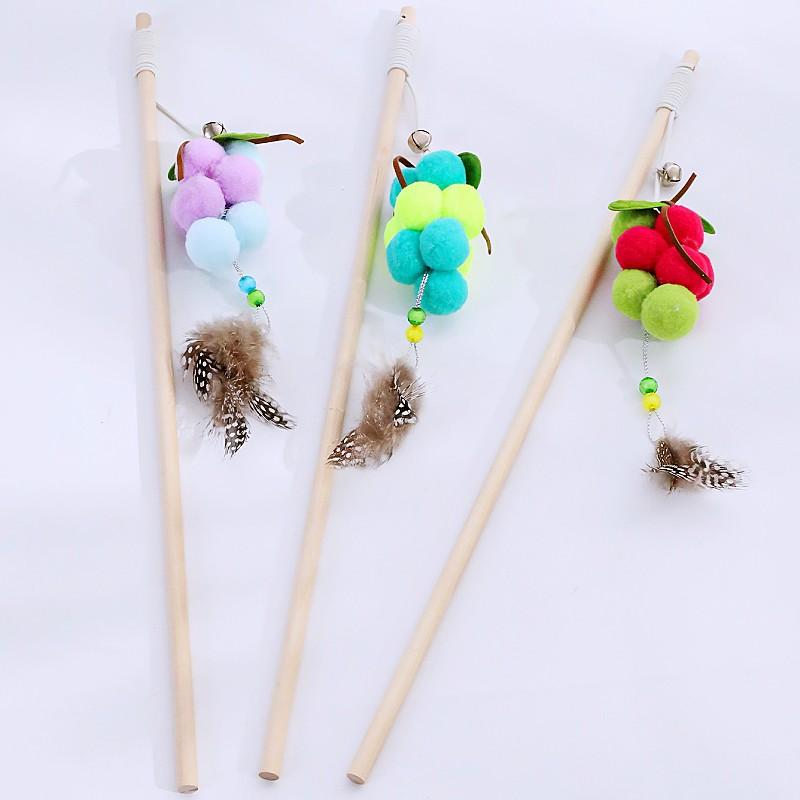 Cat Toys Feather Stick Cats Toy Interactive Colorful Tassel Sticks Toys for Cats Teasing Solid Wood Handle Cat Toy with Bell
