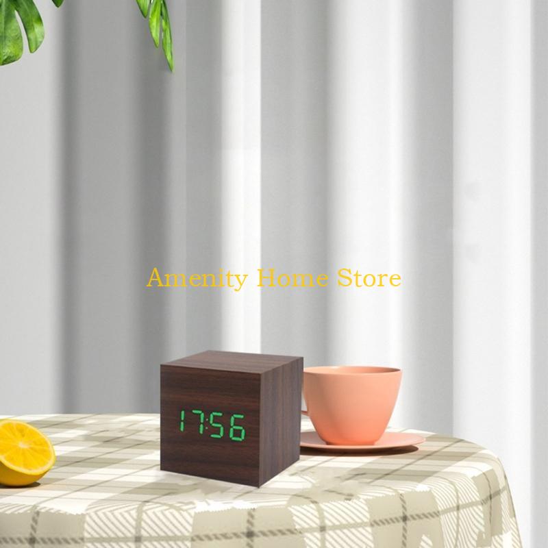 F26C Wood Cube Voice Control  Led Alarm Clock Decorative Clock Ornaments Art Crafts Supplies for Home Bedroom Dormitory