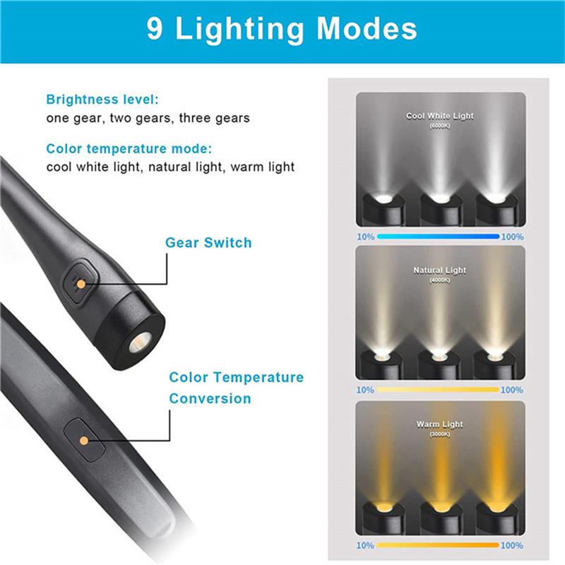 LED Neck Hung Light Hands-Free Neck Light 3 Level Light 3 Temperature Rechargeable USB Reading Lamp High Quality Neck Book Light