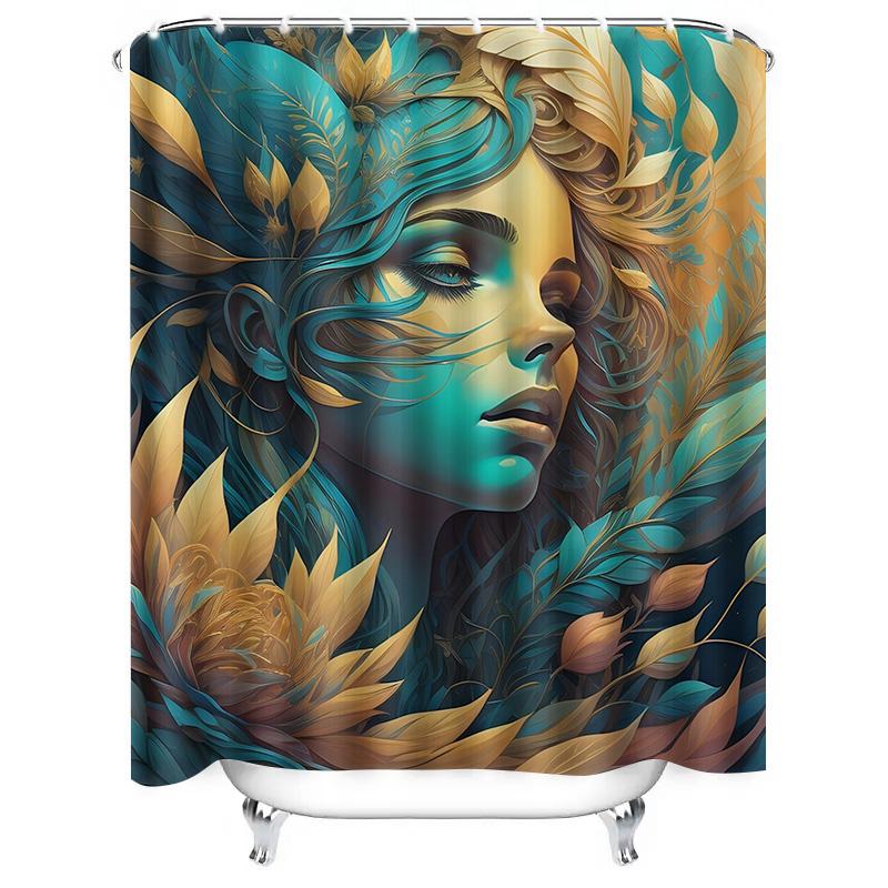 Golden and Teal Leafy Portrait Shower Curtain - Waterproof, Mildew-Resistant, Machine Washable for Artistic Bathroom Decor