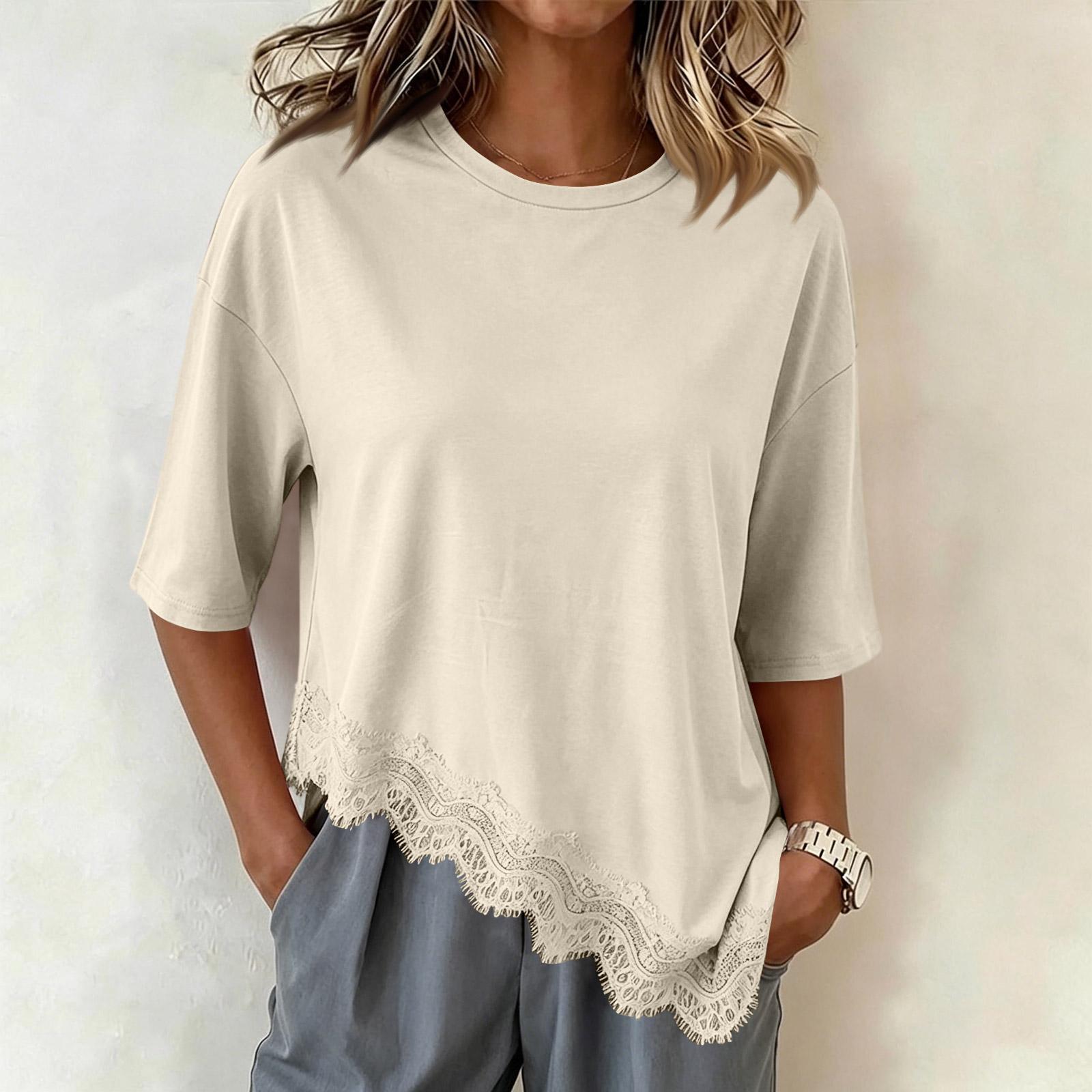 Women s Short Sleeve Lace Trim T-Shirt with Asymmetrical Hem L